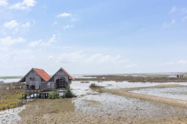 Tayland, Phatthalung 'da göl kenarındaki ıslak arazide ikiz terk edilmiş ev.