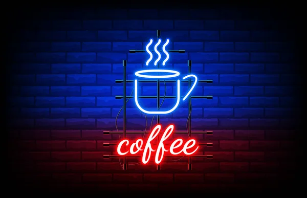 Close up of night coffee neon sign on brick wall — Stock Vector