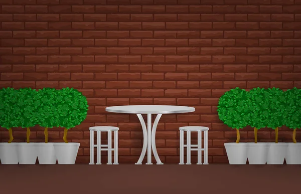 室外金属桌,装有盆栽和壁砖 — 图库矢量图片
