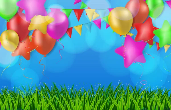 Fris groen gras, kleurrijke ballonnen en decoratie vlag op blauwe achtergrond — Stockvector