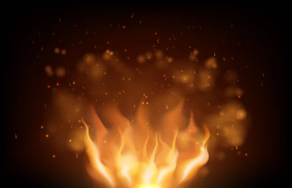 Brilhando fogo flamejante e brilho no fundo preto — Vetor de Stock