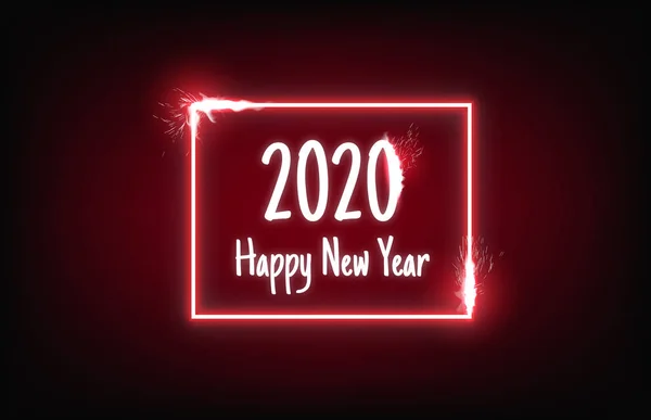 Rood neon frame en vuur schitteren met 2020 gelukkig nieuwjaar achtergrond — Stockvector
