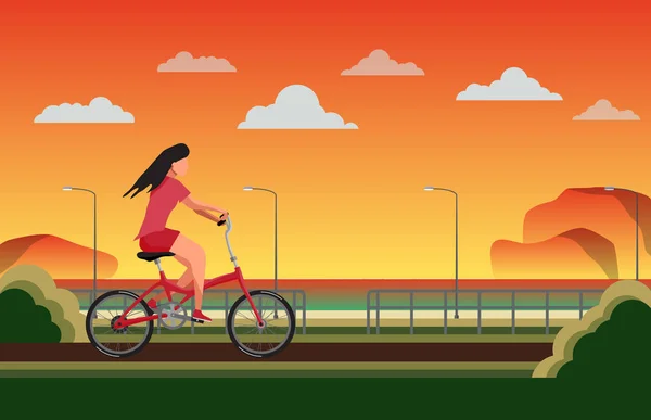 Ilustração vetorial da menina feliz andando de bicicleta na cena do pôr do sol perto do mar — Vetor de Stock