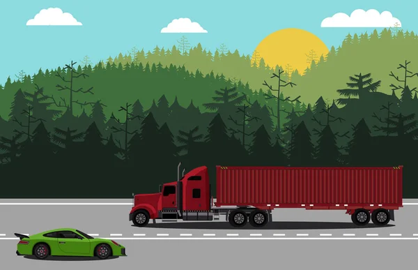 美国卡车与拖车集装箱和具有自然场景的跑车 — 图库矢量图片