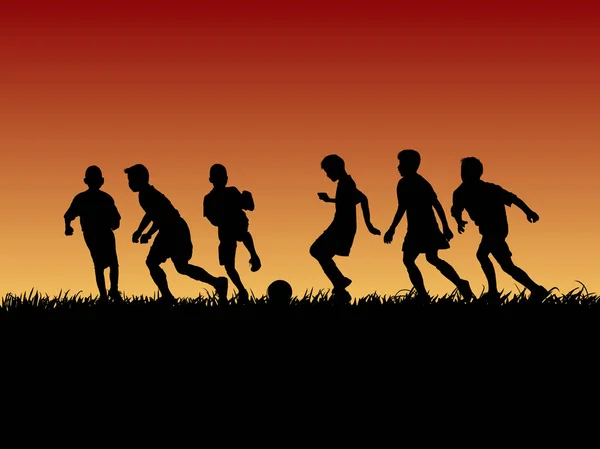 Grupo silhueta de criança de futebol no pôr do sol —  Vetores de Stock