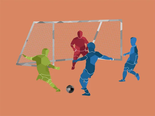 サッカー選手のシーンとポリゴン幾何学的ゴールキック — ストックベクタ