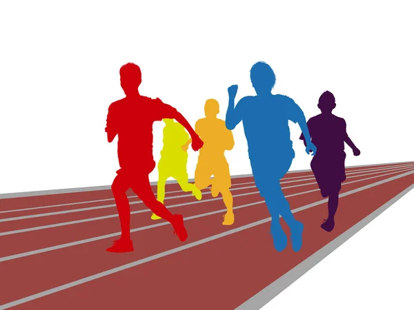 Groep van kleurrijke man race loopt op de rails — Stockvector