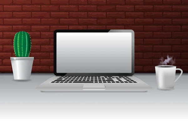 Hintergrund von Laptop-Tasse Kaffee und Kaktus an Ziegelwand — Stockvektor