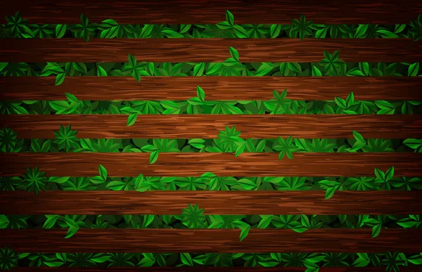 Abstract background of wooden plank and natural leaves plant — 스톡 벡터