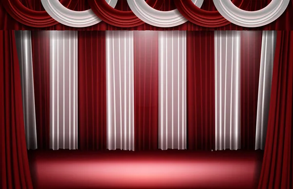 Fond abstrait de rideau rouge et blanc et lumière de scène — Image vectorielle