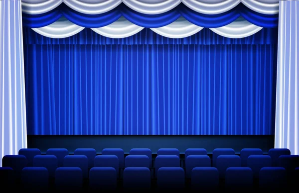 Fondo abstracto de cortinas de teatro azul y cortinas de escenario y asientos — Vector de stock