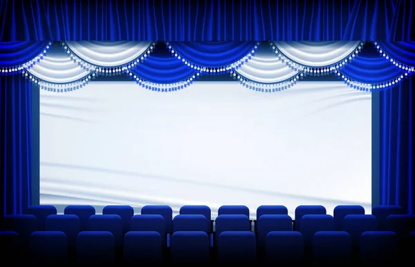 Fondo abstracto de cortinas de teatro azul y cortinas de escenario y asientos — Vector de stock