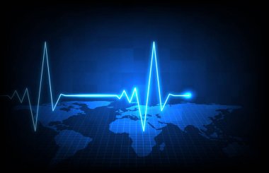 Mavi fütüristik teknolojinin soyut arka planı dünya haritaları ve dijital ECG kalp atışı nabız çizgisi monitörü