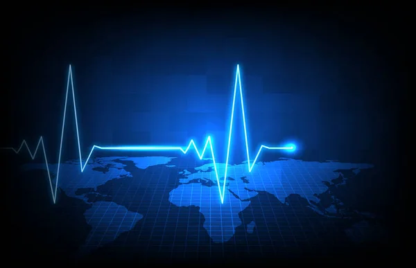 青の未来技術世界地図とデジタルEcgハートビートパルスライン波モニターの抽象的な背景 — ストックベクタ