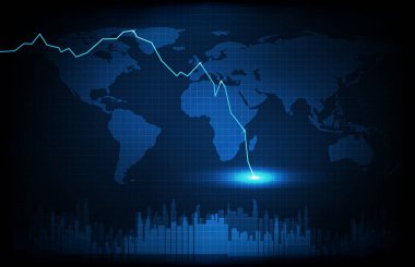 Fütüristik teknolojinin soyut arka planı. Mavi dünya haritaları ve ekonomik kriz borsa grafiğini düşürdü.