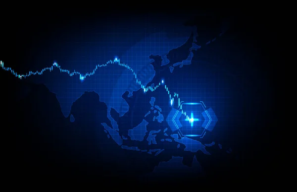 未来技术背景蓝色亚洲和平地图与经济危机下行股市图表 — 图库矢量图片