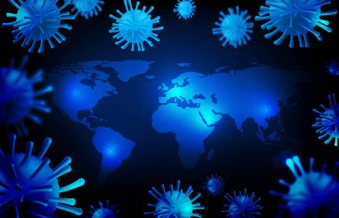 Coronavirus Covic-19 'un abstrac arkaplan vektörü fütüristik teknolojisi ve mavi dünya haritaları