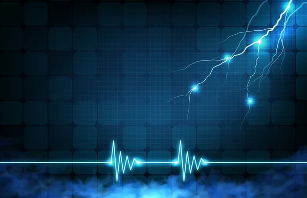 Dijital ECG 'nin soyut arkaplan kalp atışı nabız çizgisi dalga monitörü ve parlayan şimşek fırtınası