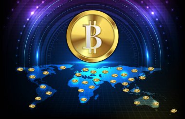 Bitcoin ve dünya haritalarının soyut fütüristik teknoloji arka planı, dünya çapında dijital kripto para birimi