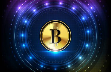 Bitcoin dijital kripto para birimi ve hud ekran ui arayüzünün soyut geleceksel teknoloji arka planı