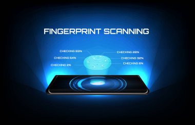 Fütüristik teknolojinin soyut arkaplanı parmak izi tarama kimlik kontrollü akıllı cep telefonu