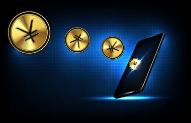 Akıllı cep telefonunun fütüristik teknolojisinin soyut arka planı Çin Yuan dijital para birimi