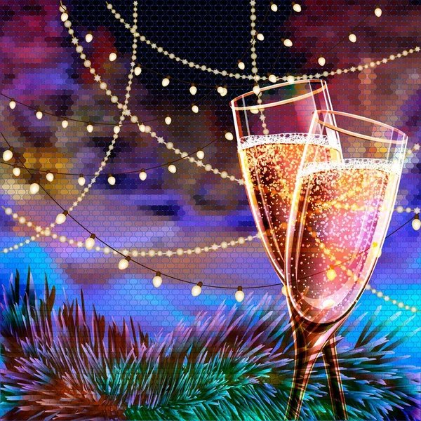 Bonne année Carte avec des verres de champagne . — Image vectorielle