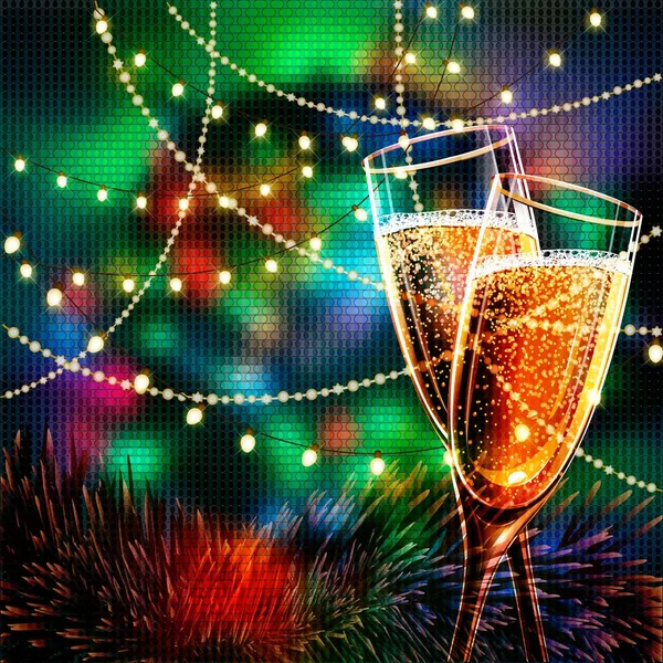 戴着眼镜的香槟的快乐新的一年卡。. — 图库矢量图片#