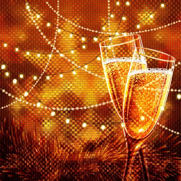 Gott nytt år kort med glas champagne. — Stock vektor