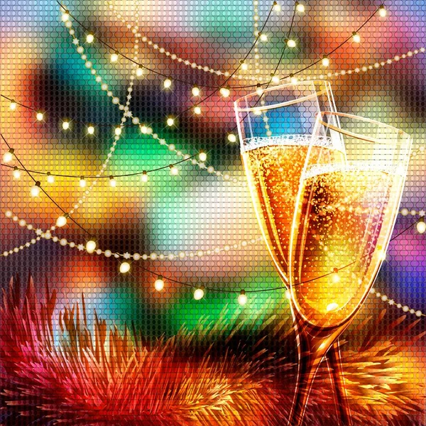 戴着眼镜的香槟的快乐新的一年卡。. — 图库矢量图片
