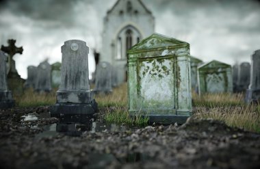 Korkunç eski mezarlık. Kilise mezarına. Cadılar Bayramı kavramı. 3D render