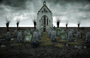 Korkunç eski mezarlık. Kilise mezarına. Cadılar Bayramı kavramı. 3D render
