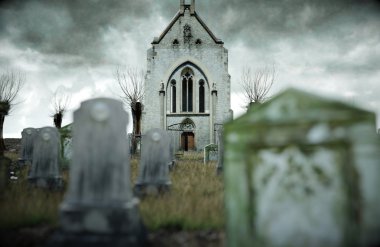 Korkunç eski mezarlık. Kilise mezarına. Cadılar Bayramı kavramı. 3D render