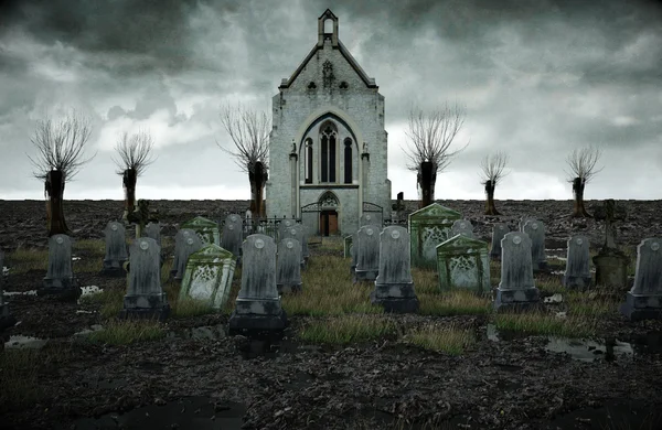 Um velho cemitério assustador. igreja na sepultura. Conceito de Halloween. Renderização 3d — Fotografia de Stock