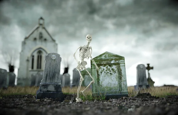 Esqueleto no velho e assustador cemitério. Conceito de Halloween. Renderização 3d — Fotografia de Stock