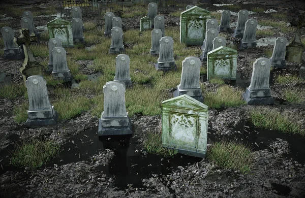 Scary old cemetery.  church on grave. Halloween concept. 3d rendering — Stock Photo, Image