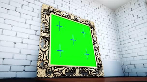 Gold antique frame in white  brick room. Green screen tracking footage — Stockvideo