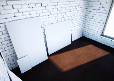 beyaz boş kağıt kırpmak üstünde tuğla Oda. 3D render.