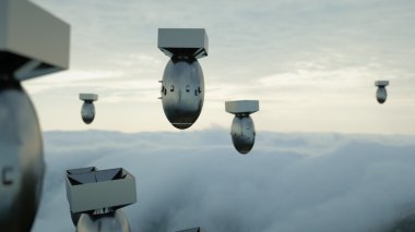 Karanlık gökyüzü karşı düşen bombalar. Atom bombası. 3D render