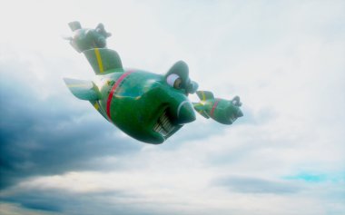 Karanlık gökyüzü karşı çılgın Bombalar düşüyor. Komik bombalar. 3D render.