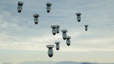 Karanlık gökyüzü karşı düşen bombalar. Atom bombası. 3D render