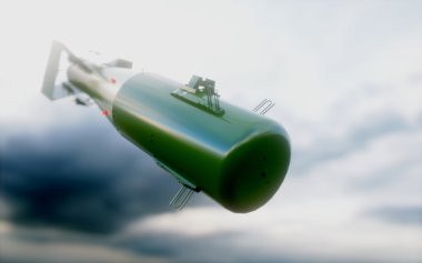 Karanlık gökyüzü karşı düşen bombalar. Atom bombası. 3D render