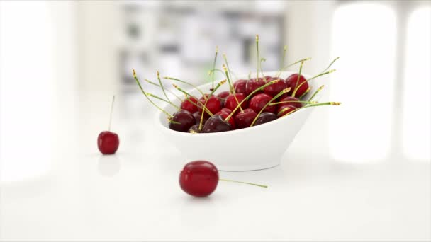 Cerezas frescas. concepto de alimentos 3d. Animación realista. Aislar en blanco — Vídeos de Stock