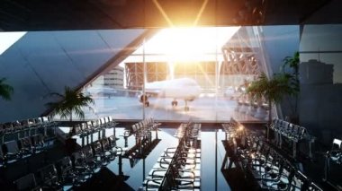 Havaalanı terminal. animasyon sinek. Harika gün batımı. İş ve seyahat kavramı