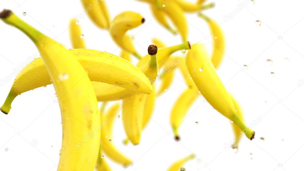 Fresh bananas falling with water drops. Food concept. 3d rendering. 3d rendering