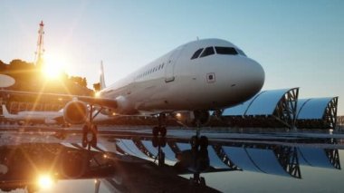 Havaalanında uçak. sabah güneş doğuyor. Seyahat ve iş kavramı