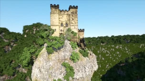 Antiguo castillo de fantasía en un alto acantilado, roca. Vista aérea. fabuloso paisaje — Vídeo de stock