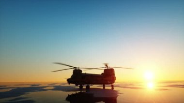 Askeri helikopter chinook, acayip günbatımı. Gerçekçi animasyon Gi.