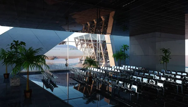 Terminal del aeropuerto. Maravillosa puesta de sol. Concepto de negocios y viajes. renderizado 3d . —  Fotos de Stock