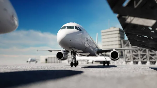 Avión en el aeropuerto. luz del día. Concepto de negocios y viajes. renderizado 3d . — Foto de Stock